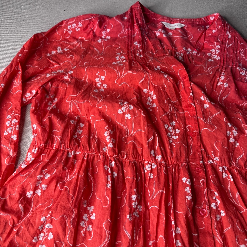 Per Una Red Floral 100% Cotton Midi Dress Button Front Long Sleeve Size 20